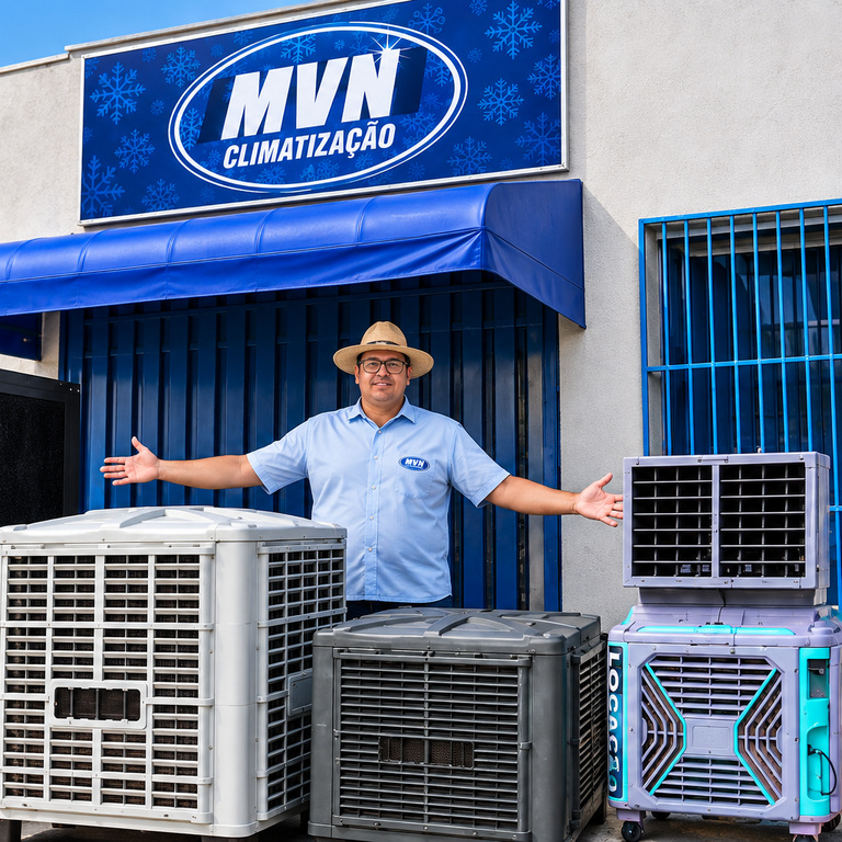 Composição ilustrativa da MVN: representante, fachada azul e climatizadores.